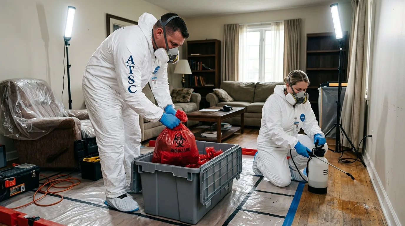 Professional Hoarding Cleanup technician in full PPE working in Chester